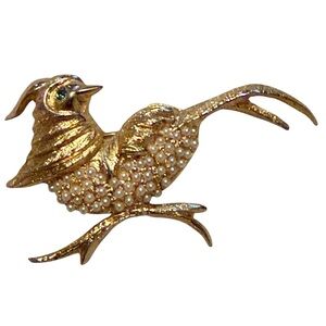 HOBE Gilt Metal Pearl Encrusted Bird Brooch C 1960